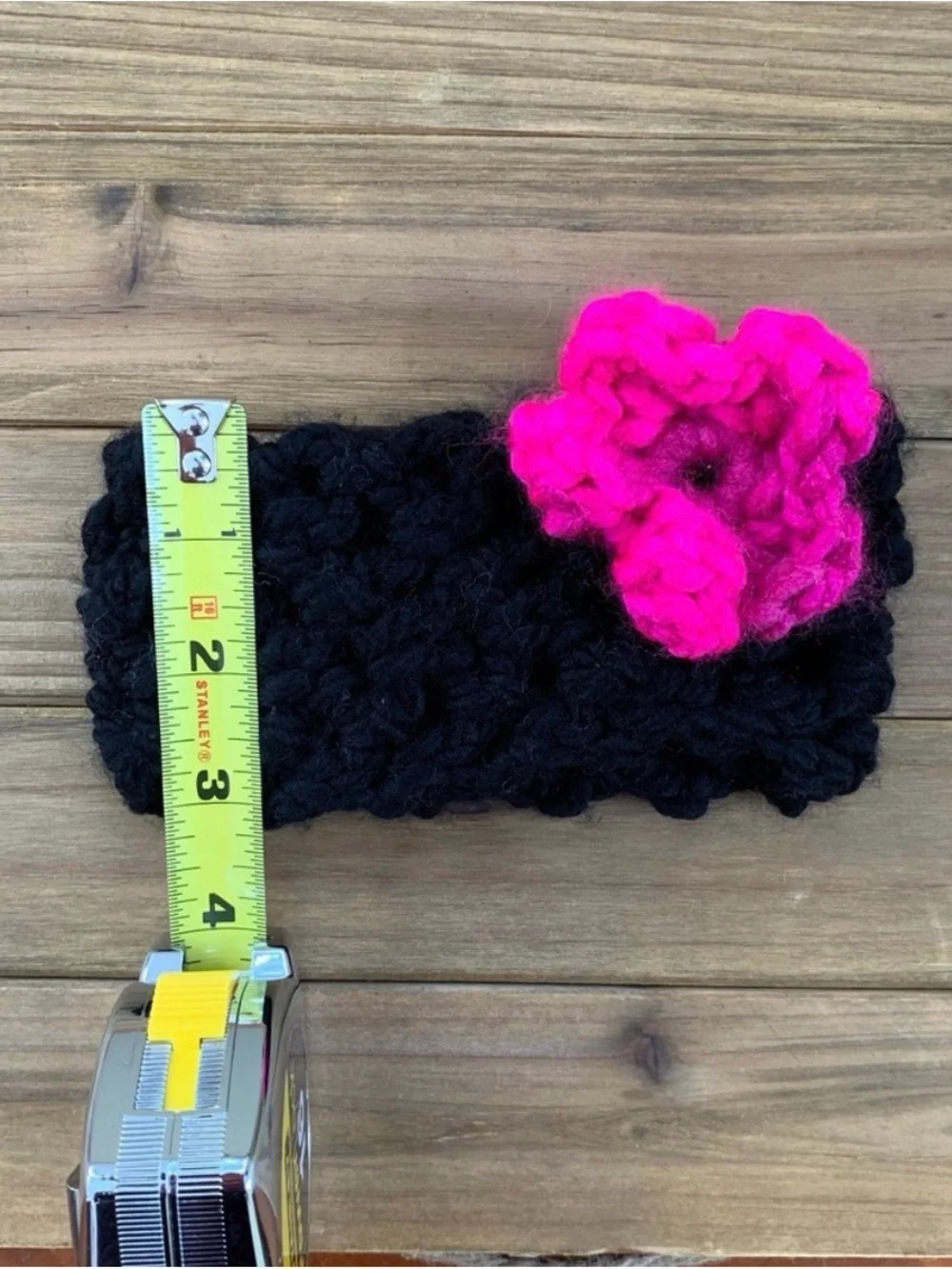 Chunky Black Crochet Headband with Hot Pink Flower